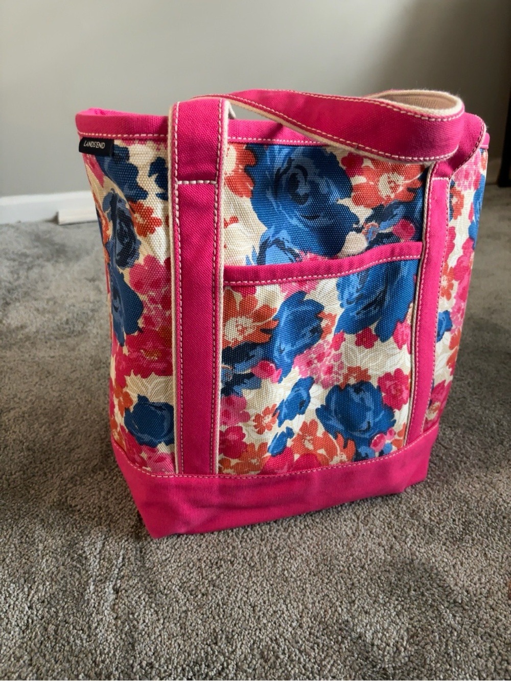Lands’ End Small Canvas Tote Floral Pink Blue Heavy Duty Beach Market Bag